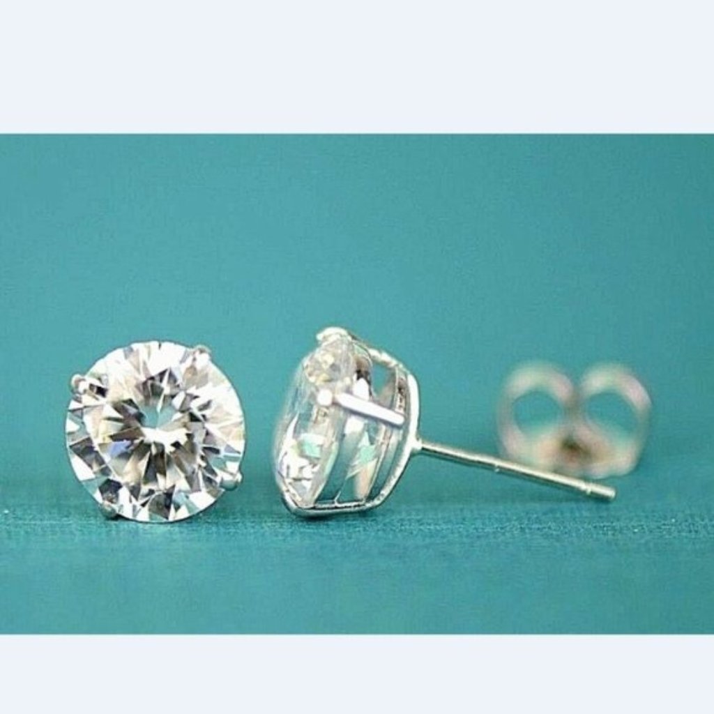 Solid 14k White Gold Heavy Basket Set Earrings W/Aaa Quality White Stone Sz 9mm